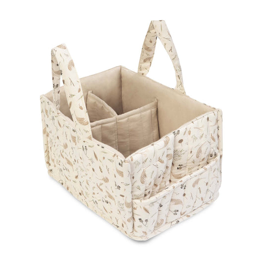 Fabric storage basket with floral pattern on a white background