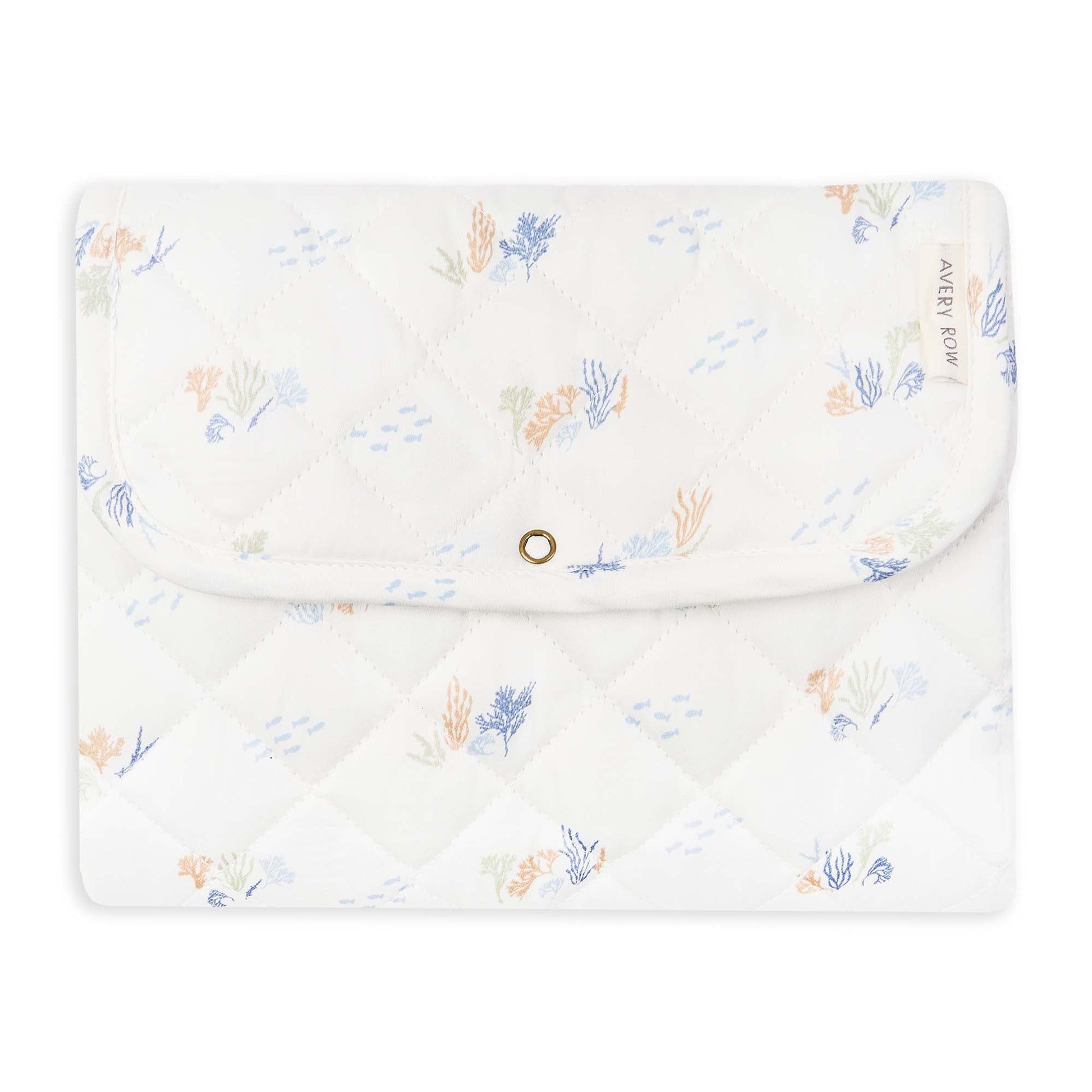 Floral patterned pouch with a gold clasp on a white background