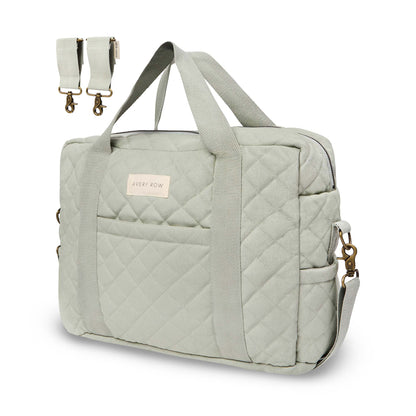 Light gray quilted bag with a visible brand name on a white background