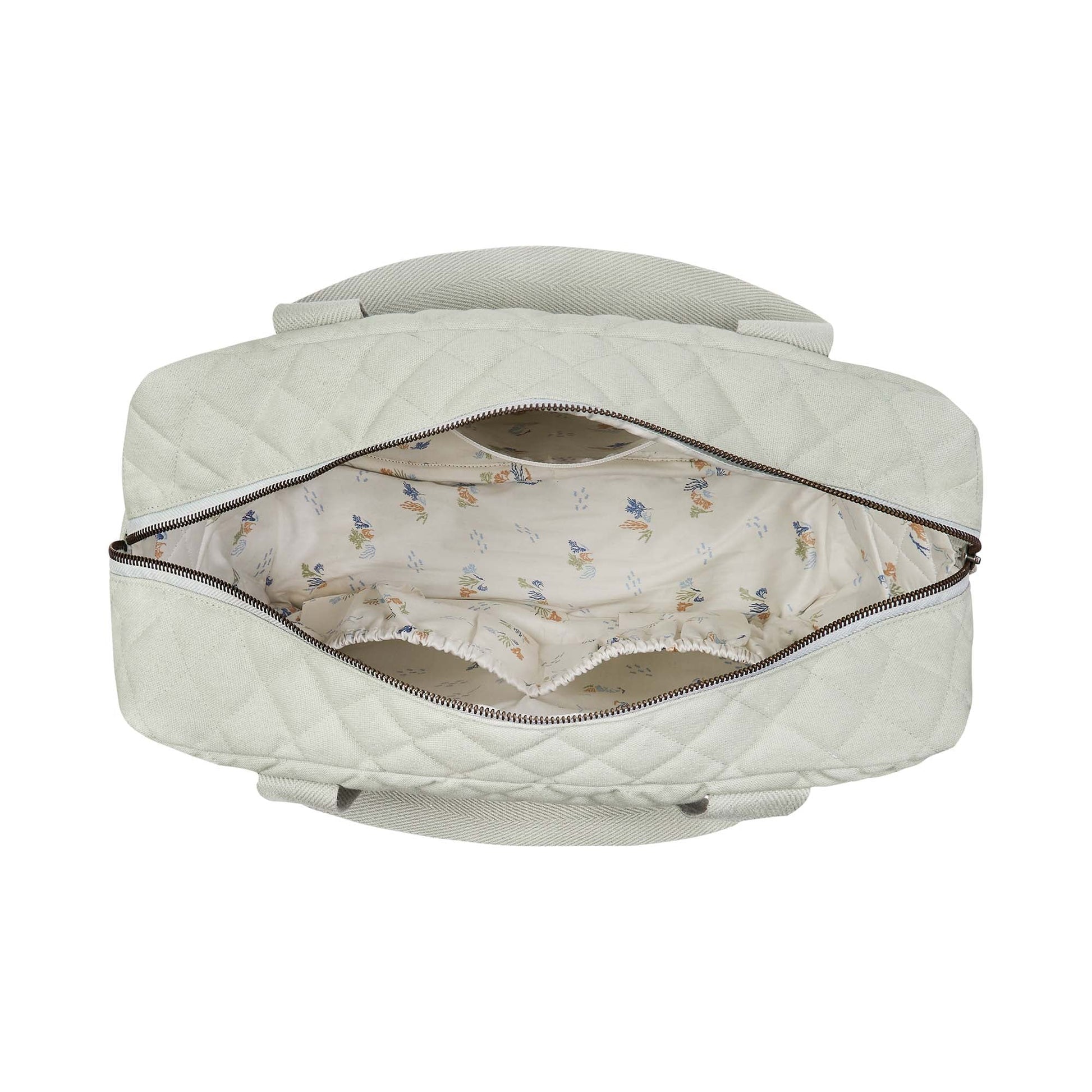 Quilted baby changing bag with floral lining on a white background