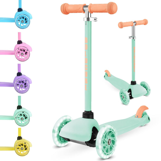 Colorful children's scooters with different wheel designs on a white background