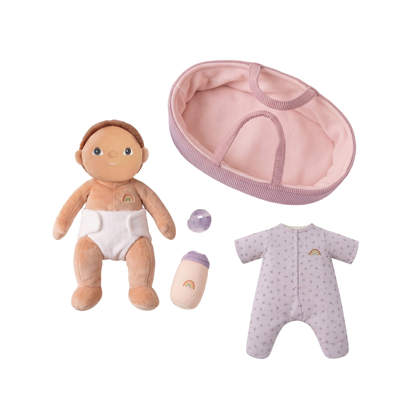 Baby doll with accessories including a hat, diaper, and onesie on a white background