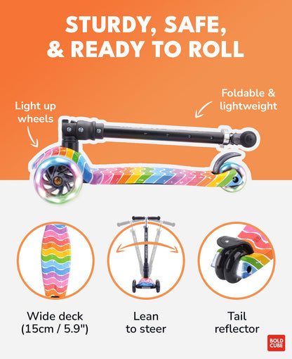 Colorful scooter with features highlighted on an orange and white background