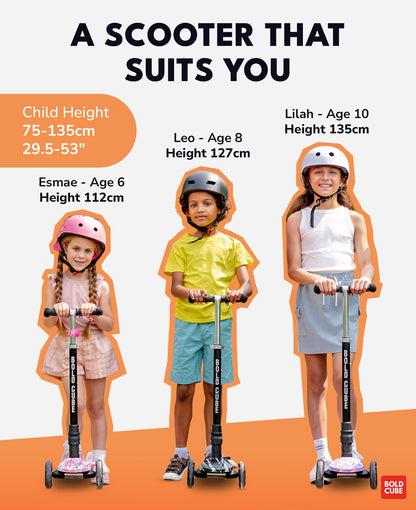 Children using scooters with height and age information displayed on a white background