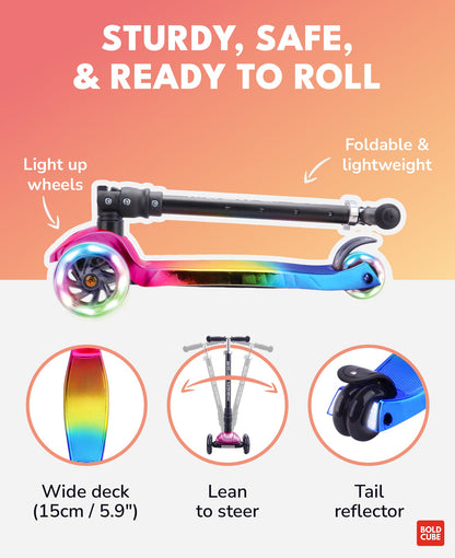 Colorful scooter with features highlighted on a gradient background