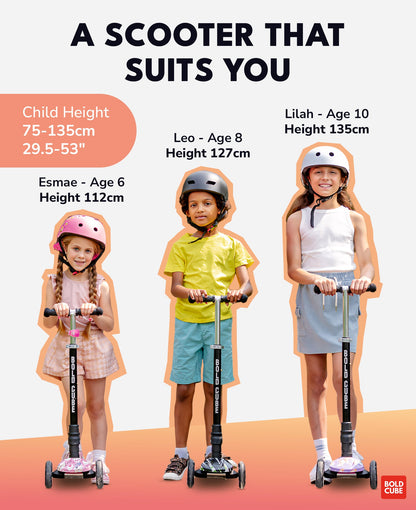 Children using scooters with height and age information displayed on a gradient background