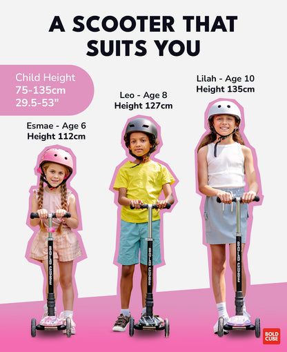 Children with scooters and height chart on a pink and white background
