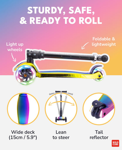 Colorful scooter with features highlighted on a gradient background