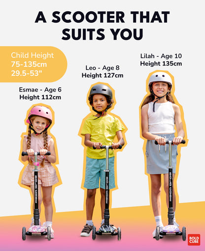 Children using scooters with height and age information displayed