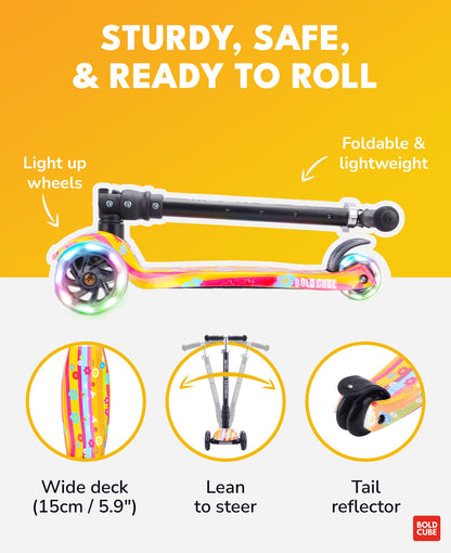Colorful scooter with features highlighted on a yellow background