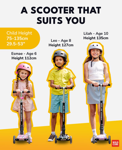 Children using scooters with height and age information displayed on a yellow and white background.