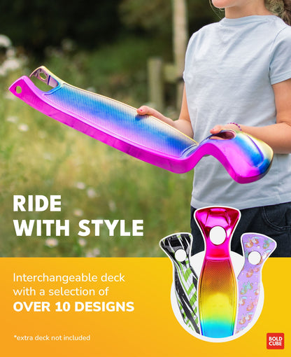 Colorful scooter deck with interchangeable design options held by a person outdoors.