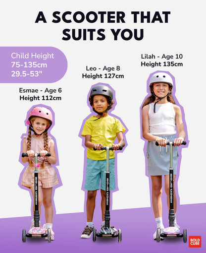 Children using scooters with height and age information displayed on a purple and white background.