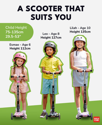 Children using scooters with height and age information displayed