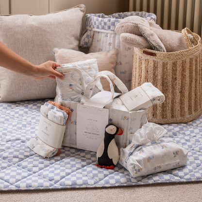Baby gift basket with items on a checkered blanket