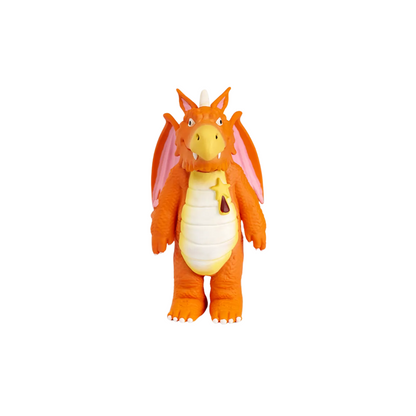 Plush dragon toy with orange body and yellow belly on a white background