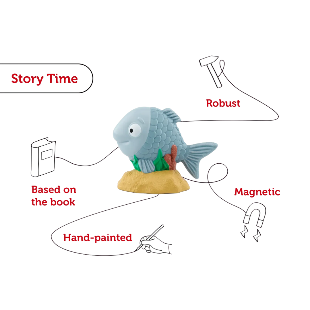 Fish-shaped toy with features listed on a white background