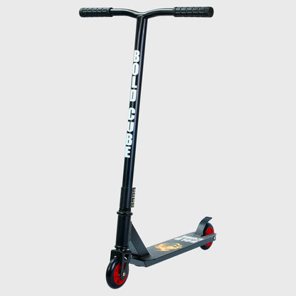 Black scooter with red wheels on a light gray background