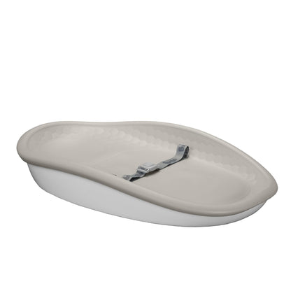 Beige changing pad with a hook on a white background