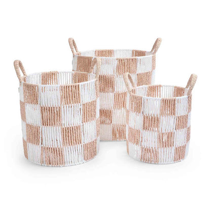 Three woven baskets with a checkered pattern on a white background
