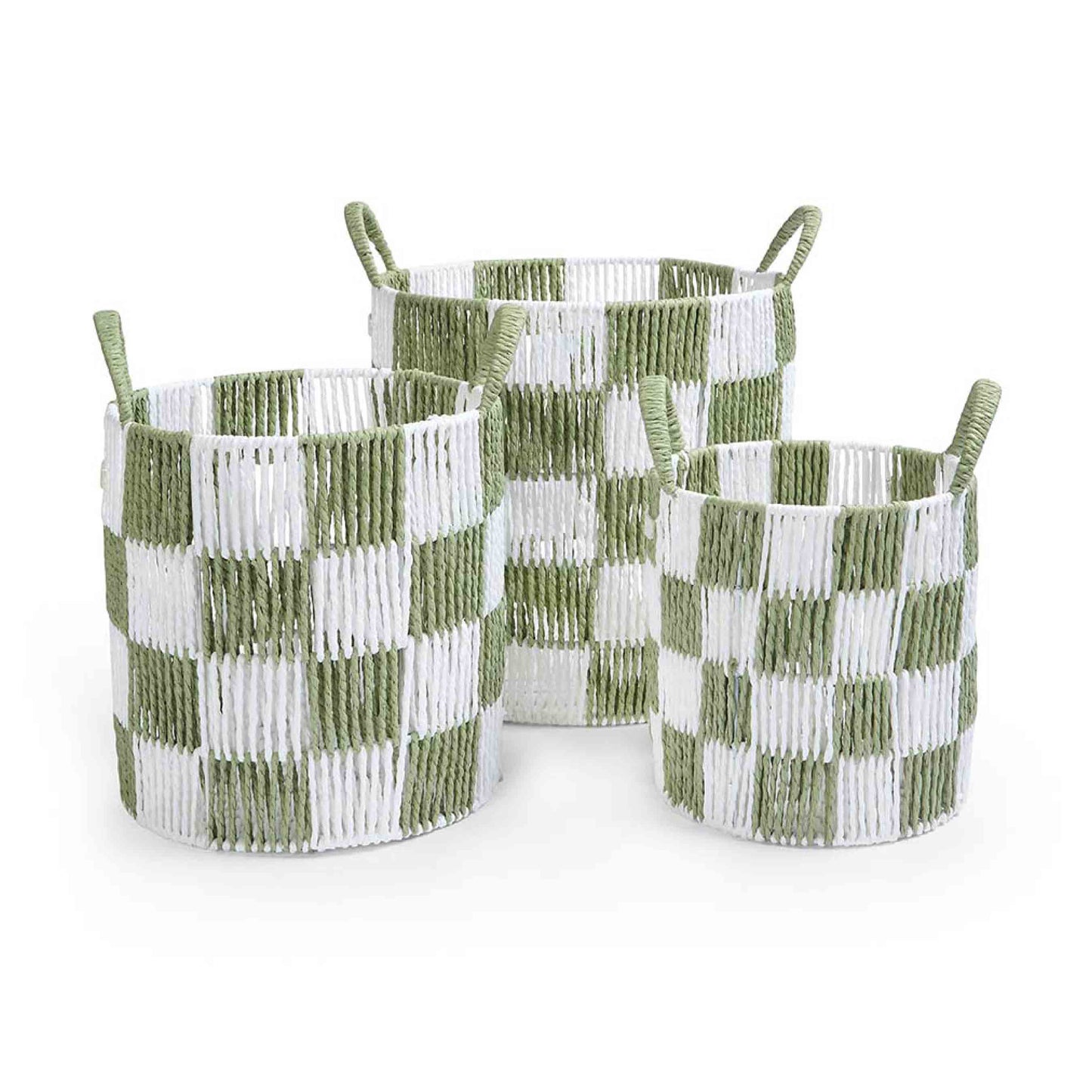 Set of three woven baskets with green and white checkered pattern on a white background