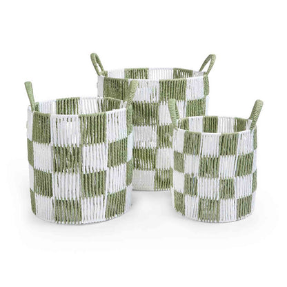 Set of three woven baskets with green and white checkered pattern on a white background