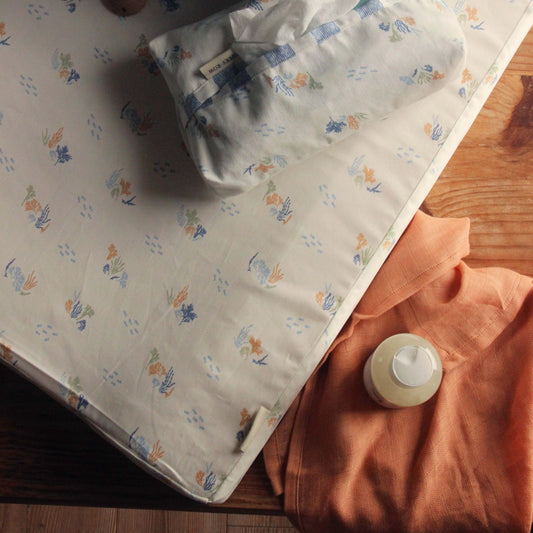 Floral-patterned fabric on a wooden surface with a bottle of cream.