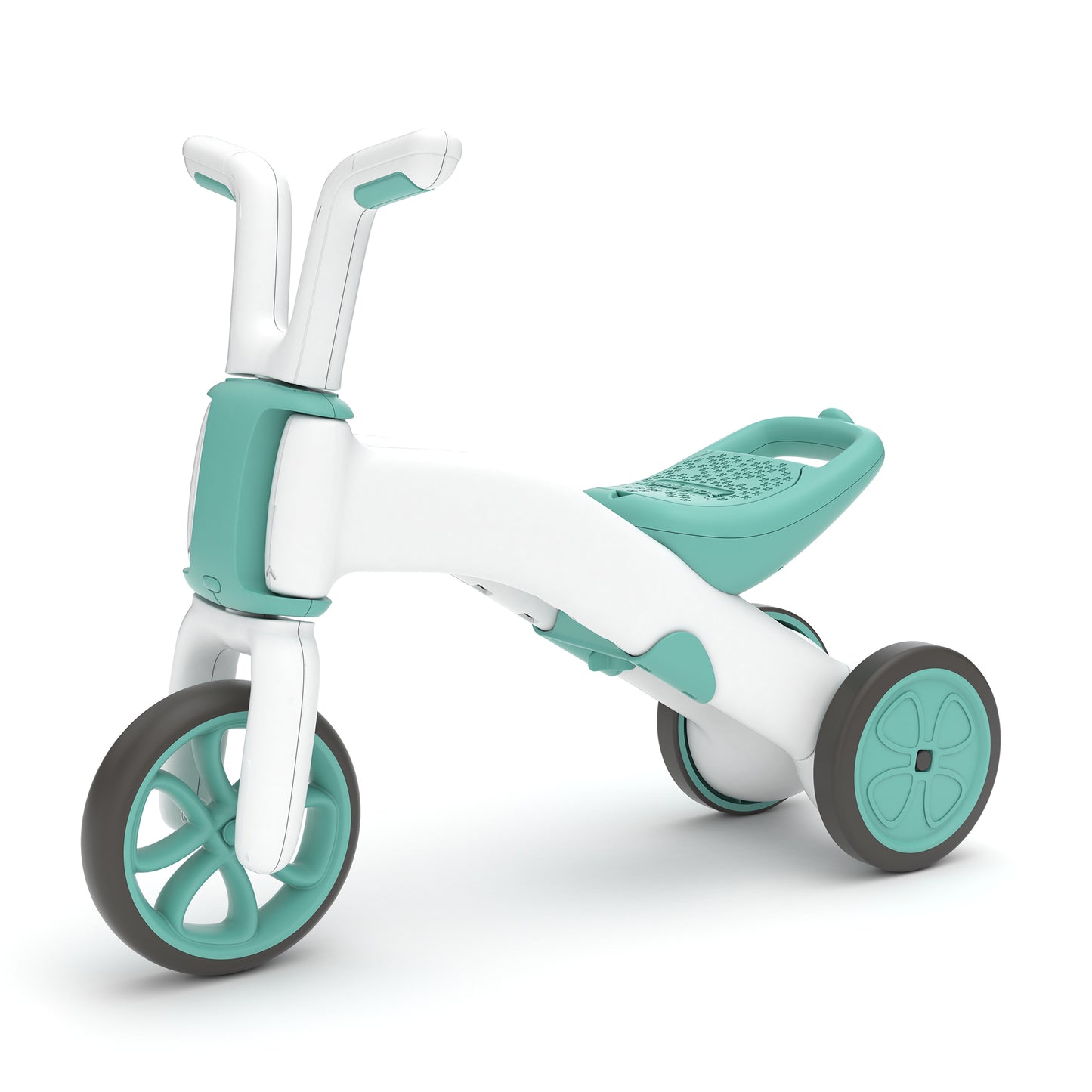 Children's tricycle with teal and white design on a white background