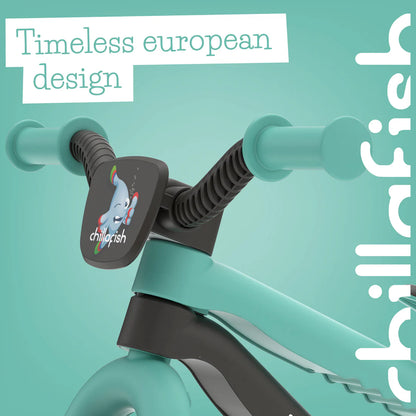 Teal scooter with black handlebar and 'chillafish' branding on a teal background.