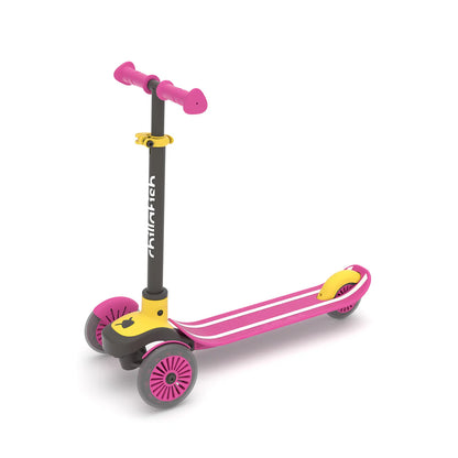 Pink and yellow scooter with visible brand logo on a white background