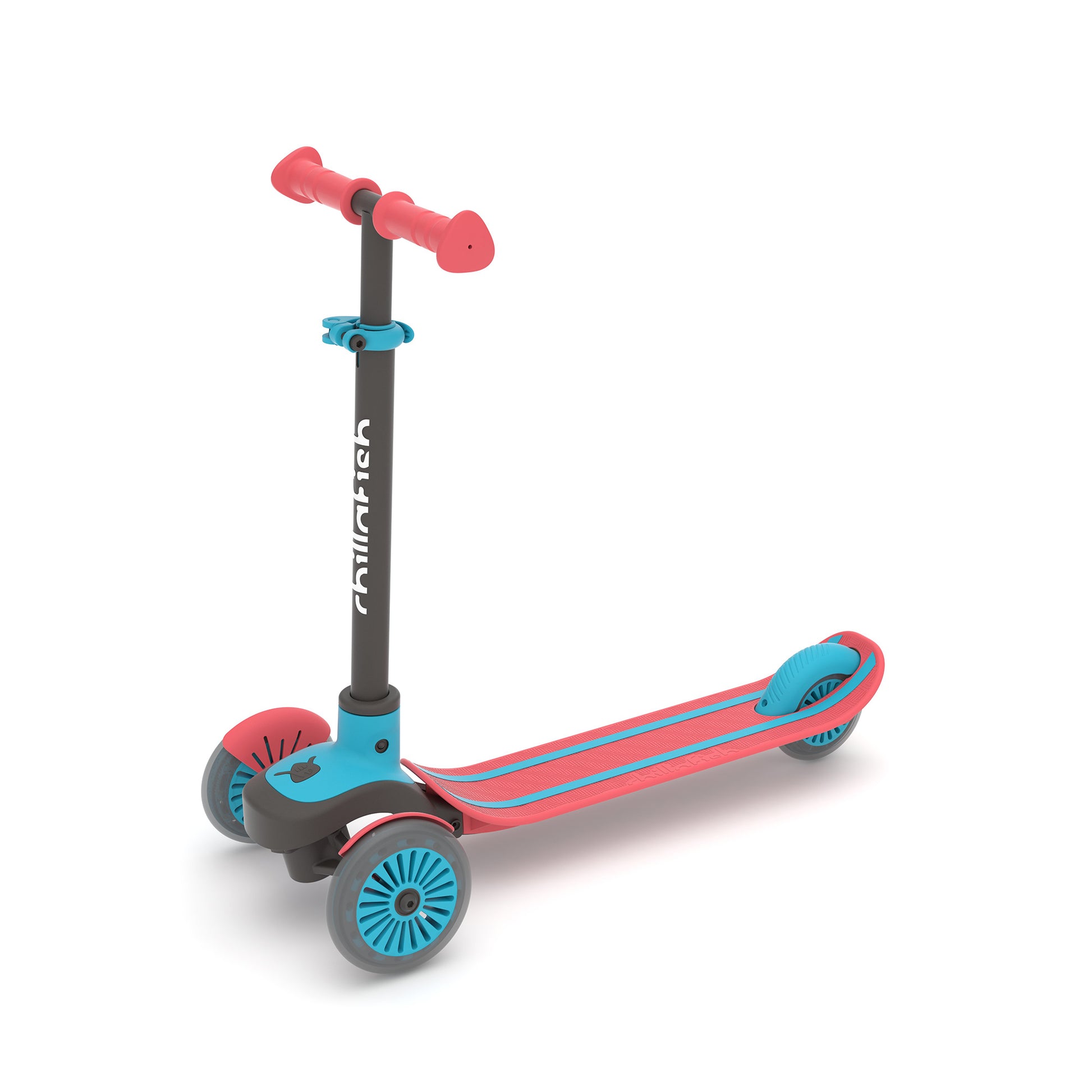 Children's scooter with pink and blue design on a white background