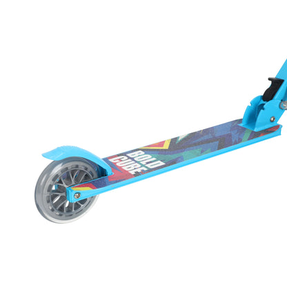 Children's scooter with colorful deck and blue frame on a white background