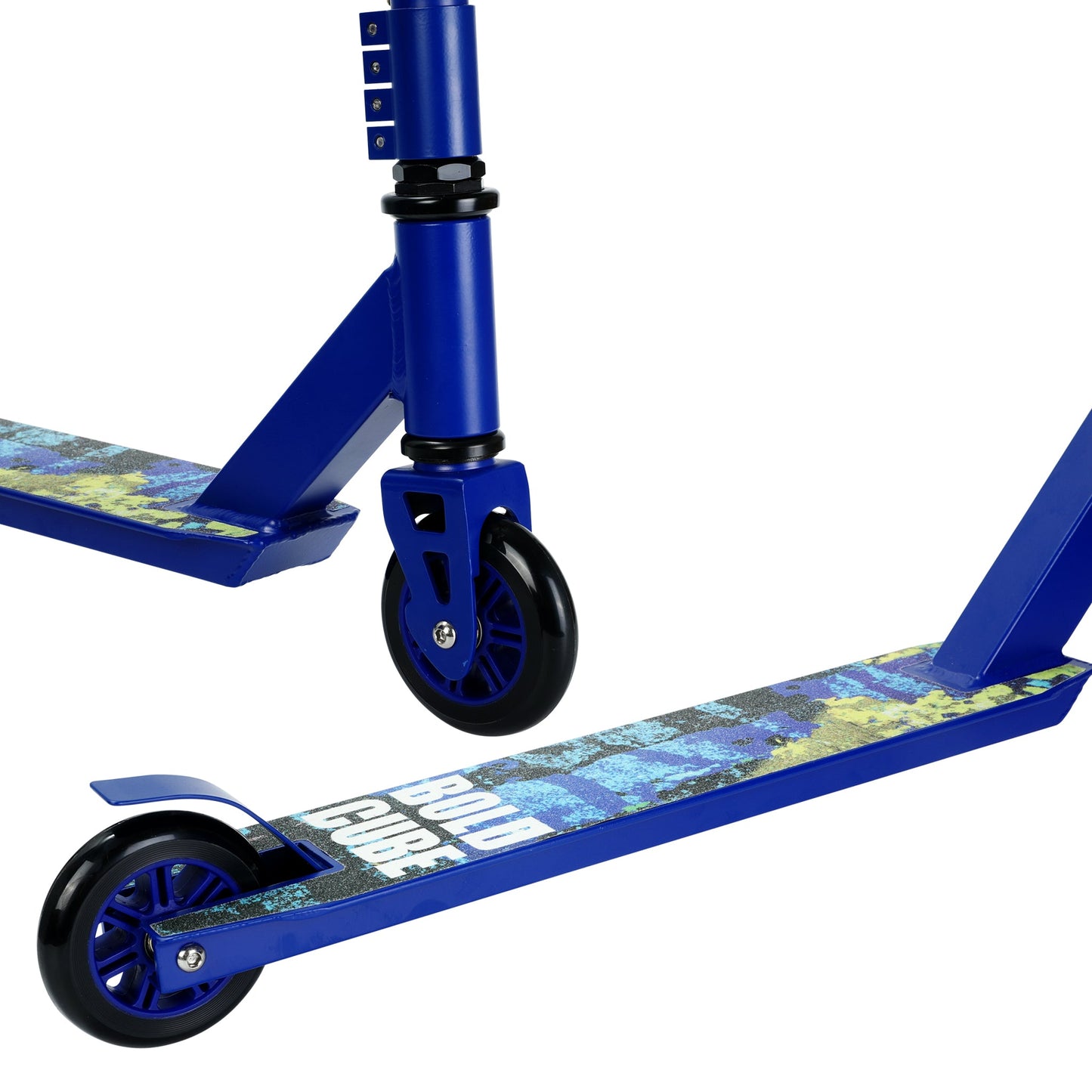 Blue scooter with patterned deck on a white background