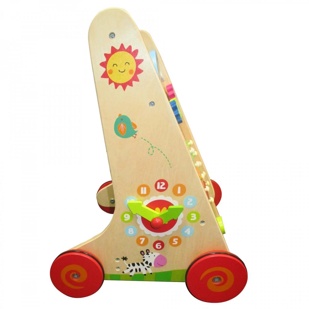 Wooden toy with colorful design and wheels on a white background