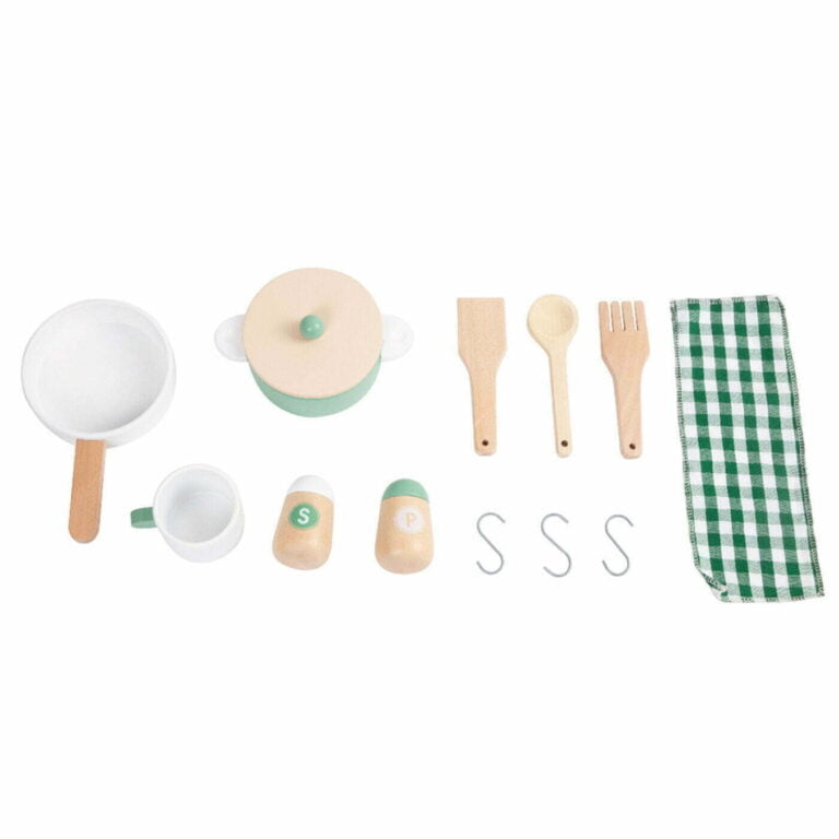 Set of wooden kitchen utensils and items on a white background