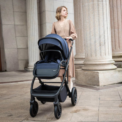 Woman pushing a blue stroller in an urban setting with classical architecture.