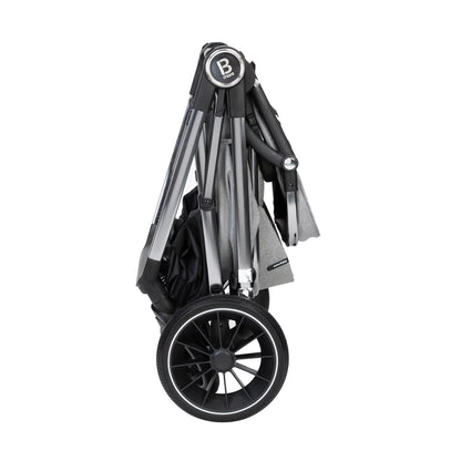 Folded baby stroller with brand logo on a white background