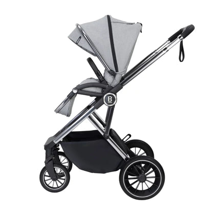 Black and gray stroller on a white background