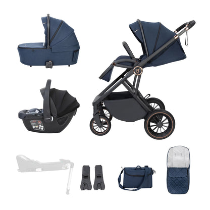 Navy blue stroller set with accessories on a white background