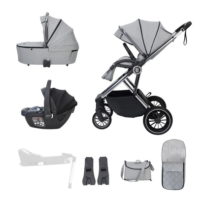Collection of baby stroller and related accessories on a white background