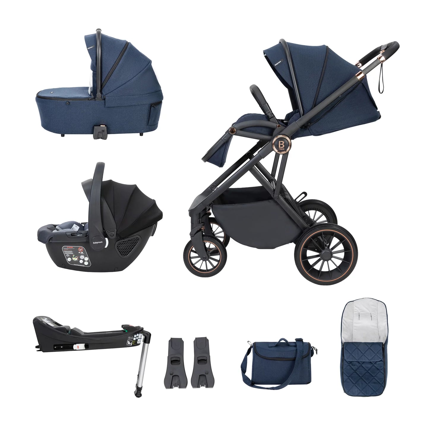 Collage of a navy blue stroller and accessories on a white background