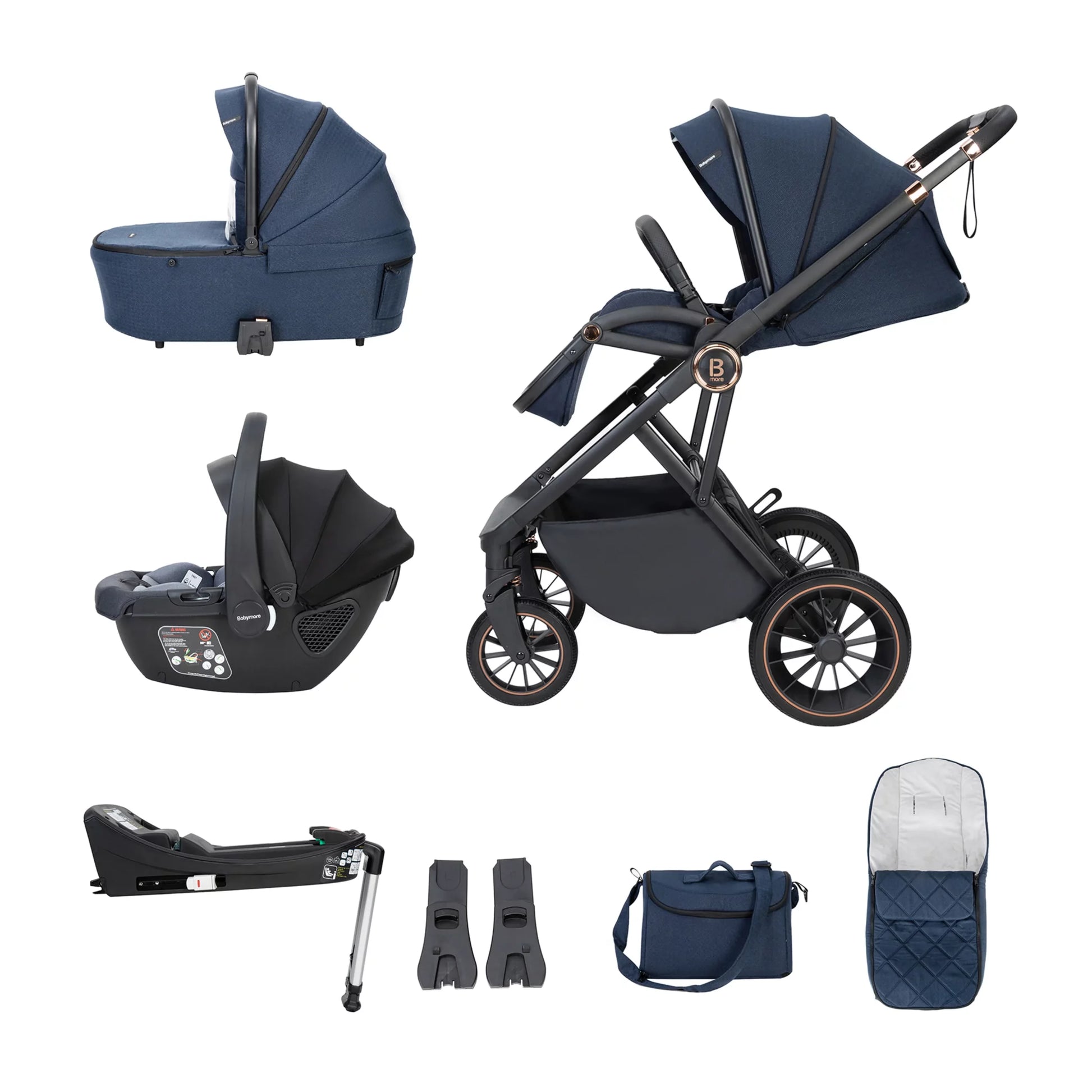Collage of a navy blue stroller and accessories on a white background