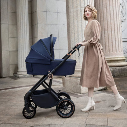 Woman pushing a navy blue stroller in an urban setting with classical architecture.