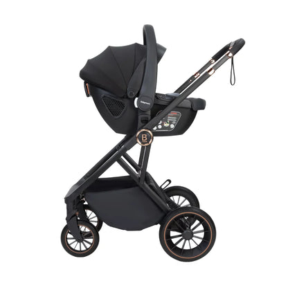 Black baby stroller with car seat on a white background