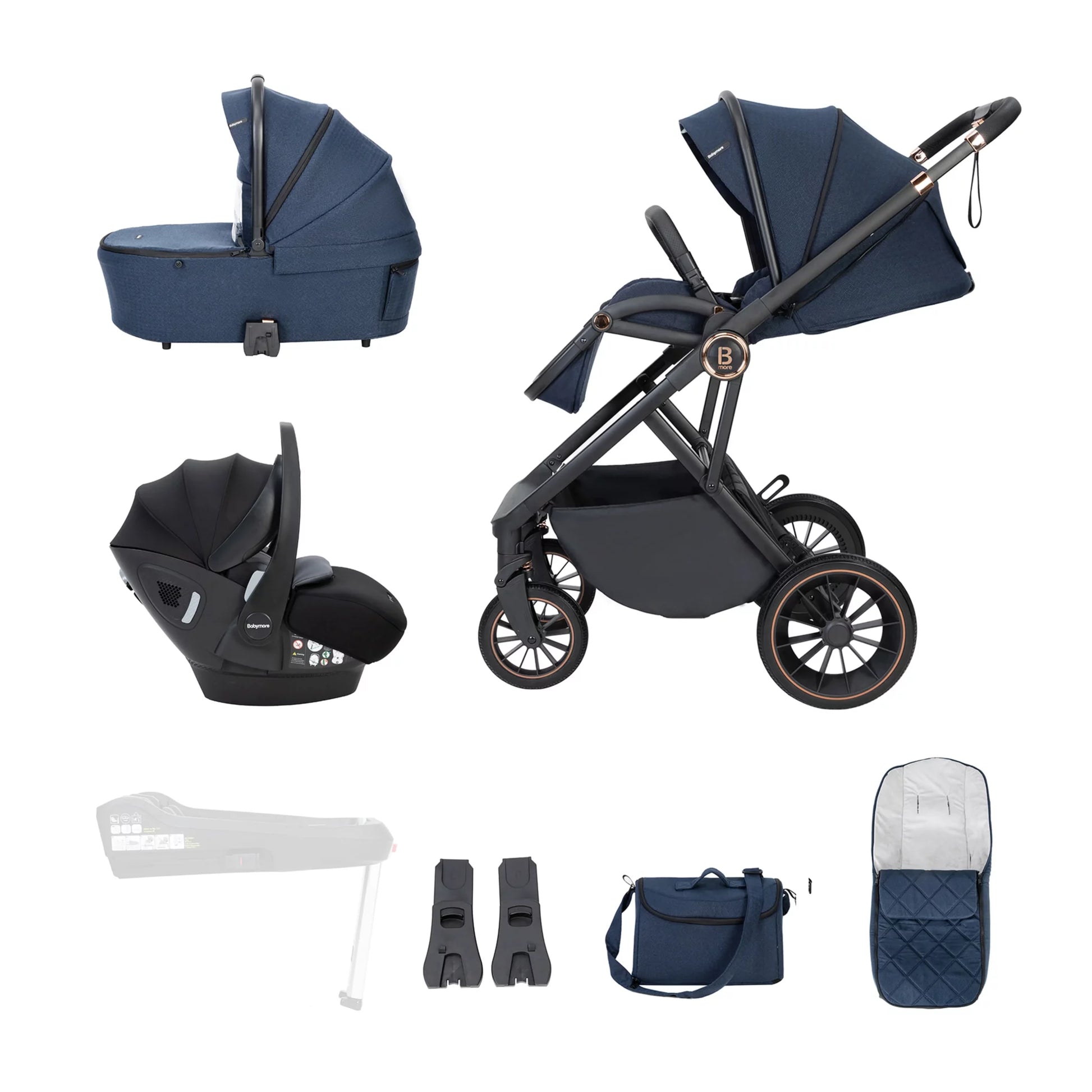 Collection of baby stroller and related items on a white background