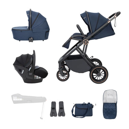 Collection of baby stroller and related items on a white background
