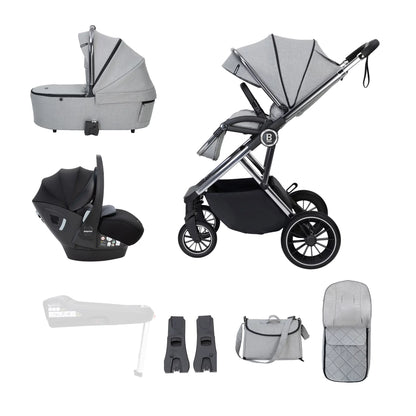 Collection of baby stroller and related accessories on a white background