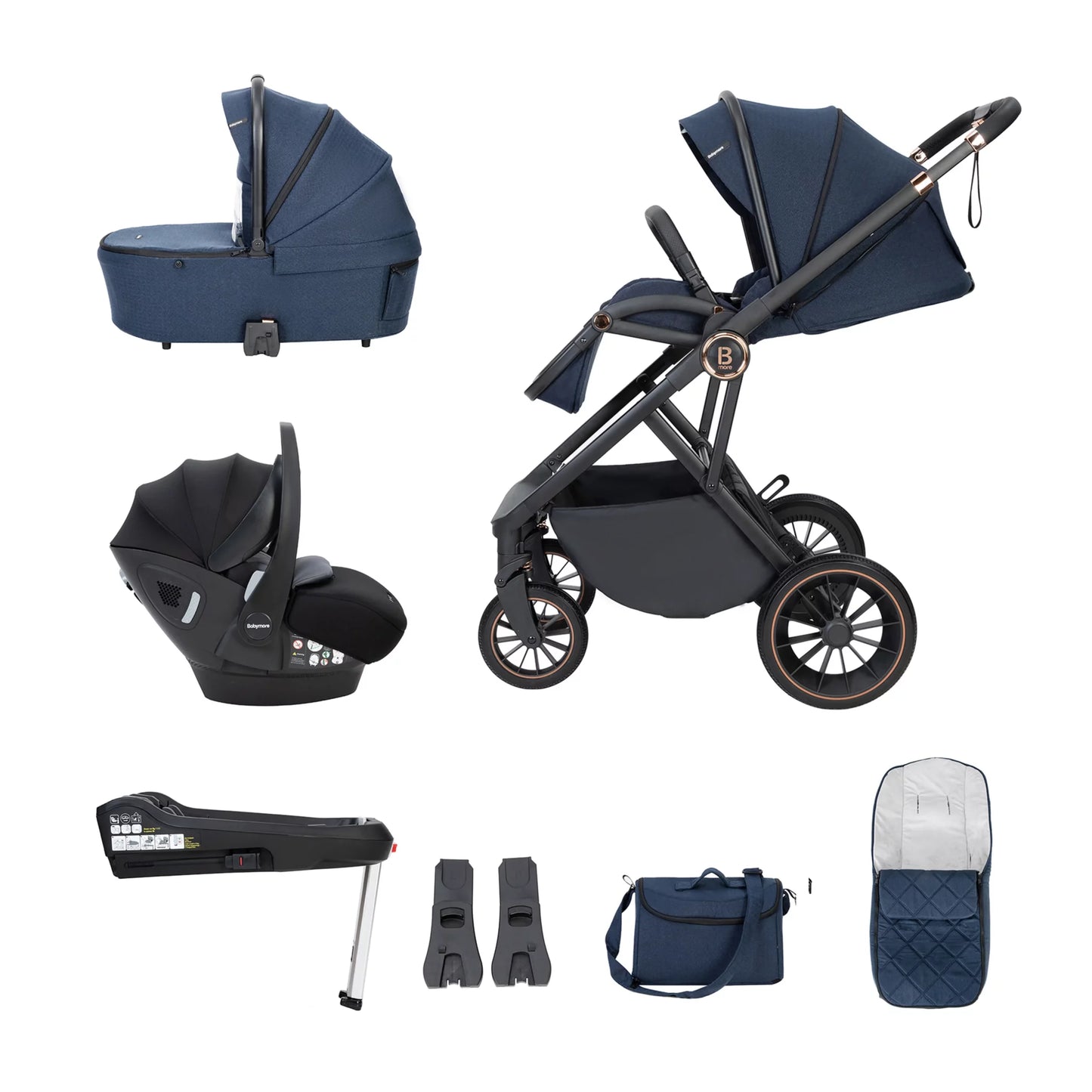 Collection of baby stroller and car seat accessories on a white background