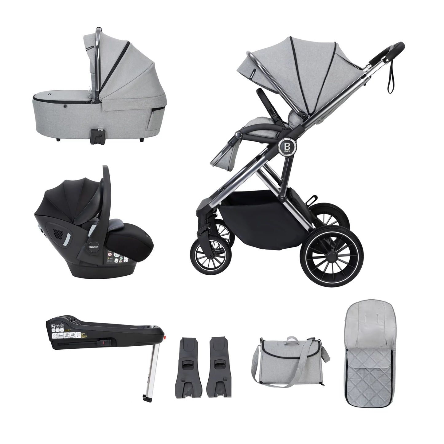 Collection of baby stroller and related accessories on a white background