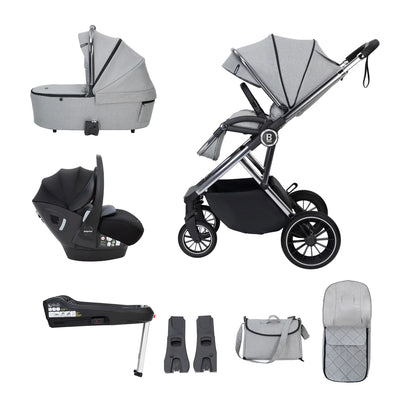 Collection of baby stroller and related accessories on a white background